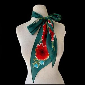 Vtg Vera Neumann Green Floral 100% Silk Scarf Rolled Edge 68x 7.5 Japan ~As Is~